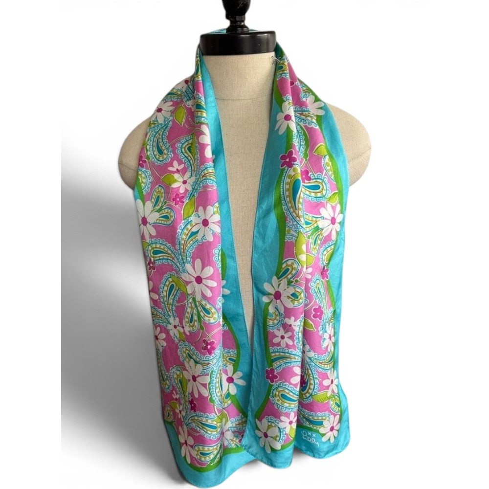 Lilly Pulitzer Ford VTG Silk Scarf Pink Blue Paisley Floral Breast Cancer Wrap